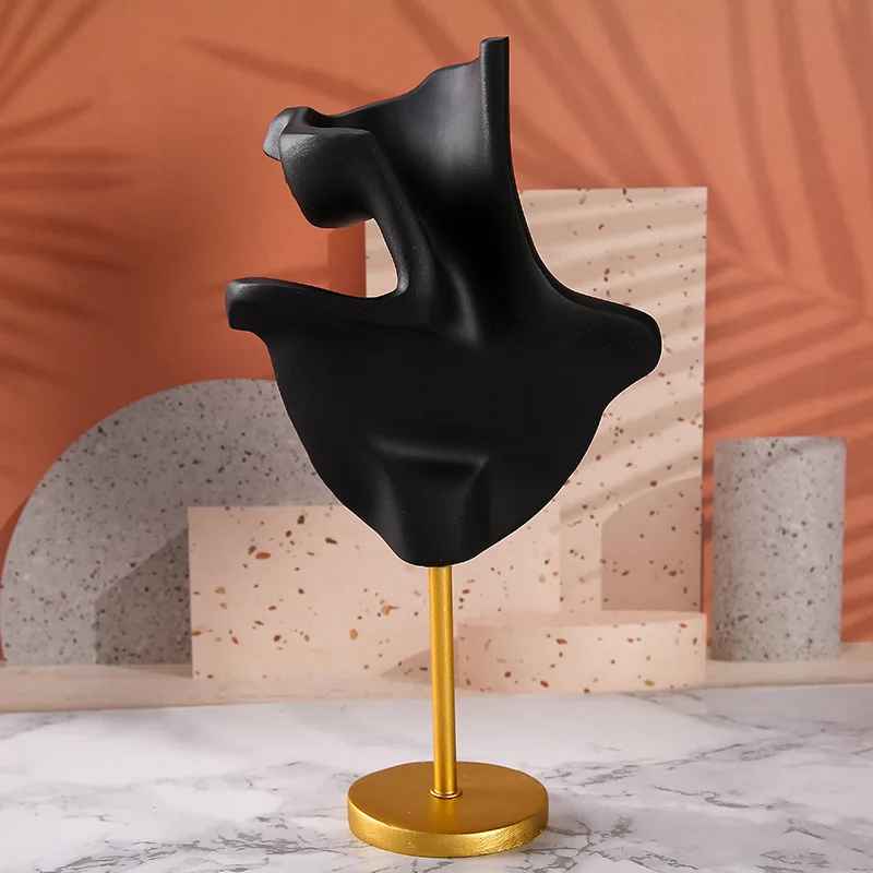 Présentoir Collier & Boucles d’Oreilles buste Noire sur Pied Doré 33 cm