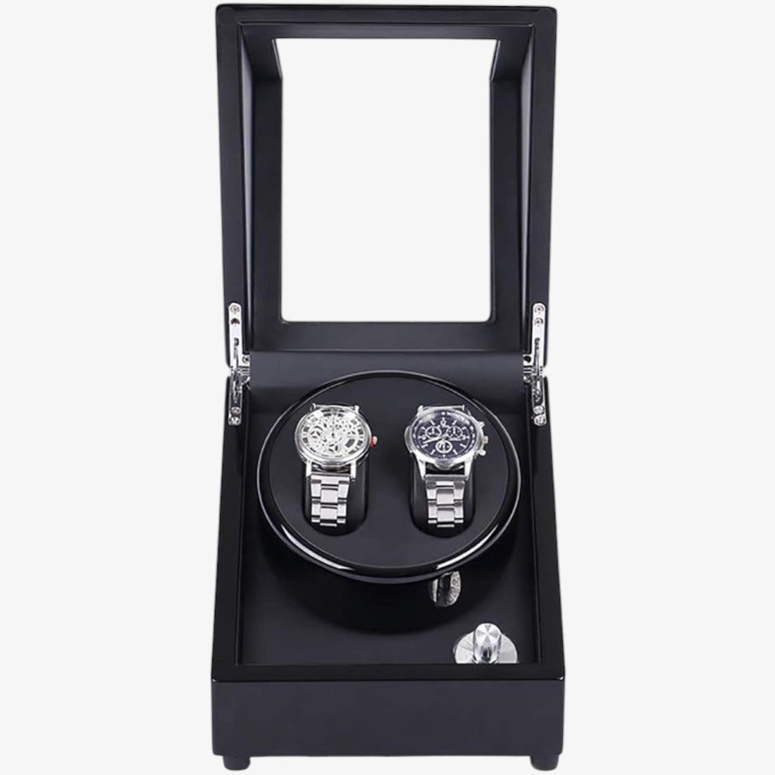 Remontoir 2 montres noir laqué – couvercle ouvert, vue de face