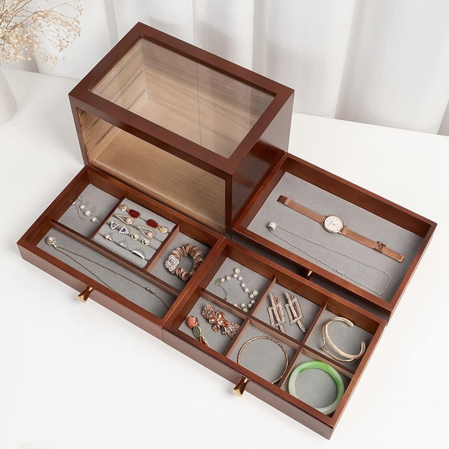 Boîte Bijoux Bois Vintage 3 Tiroirs