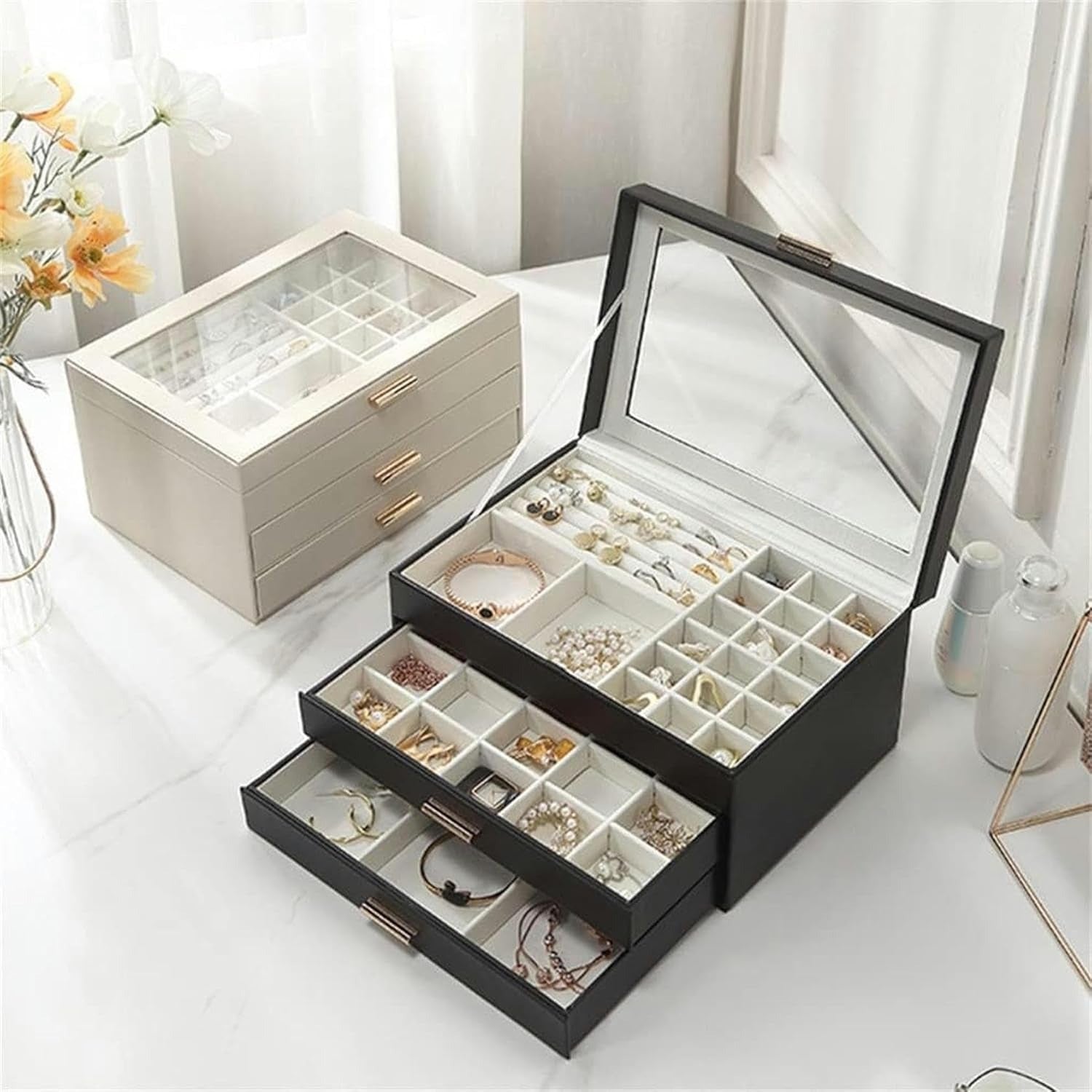 Boîte Bijoux Cuir 2 Tiroirs Velours