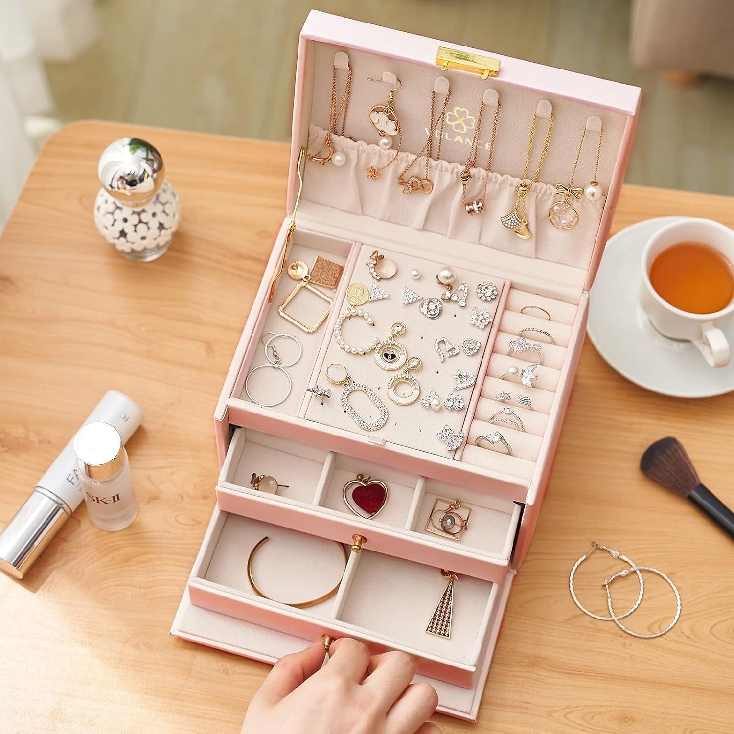 Boîte Bijoux Cuir 2 Tiroirs Coffret Velours