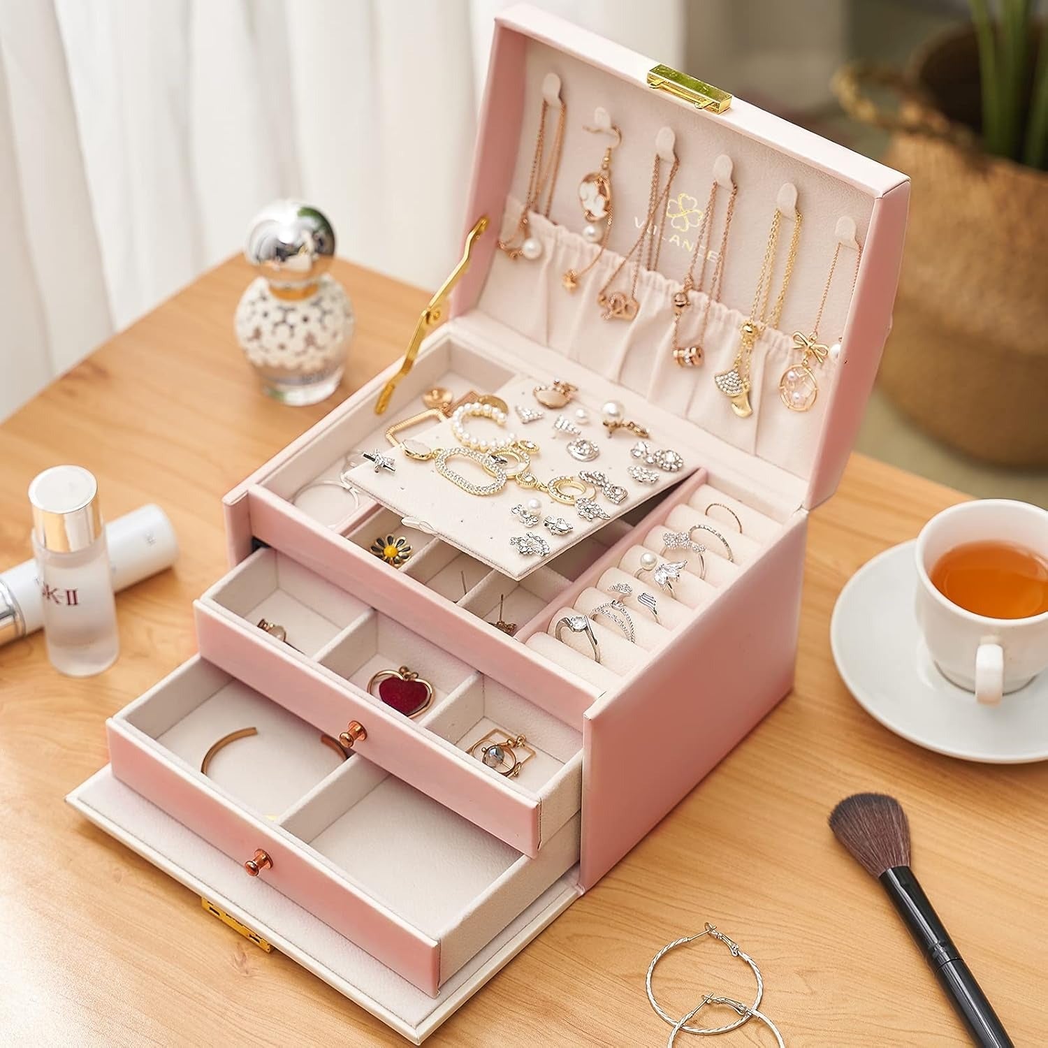Boîte Bijoux Cuir 2 Tiroirs Coffret Velours