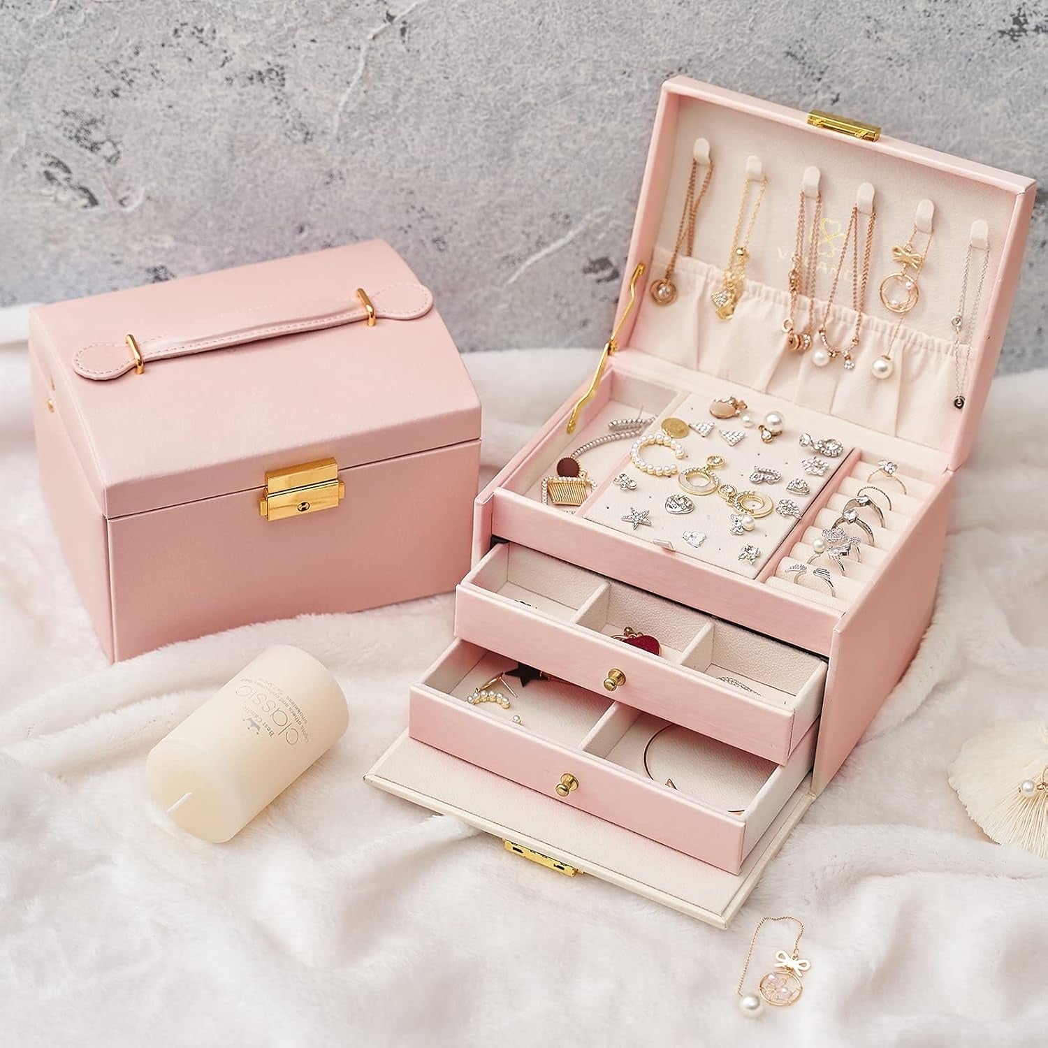 Boîte Bijoux Cuir 2 Tiroirs Coffret Velours