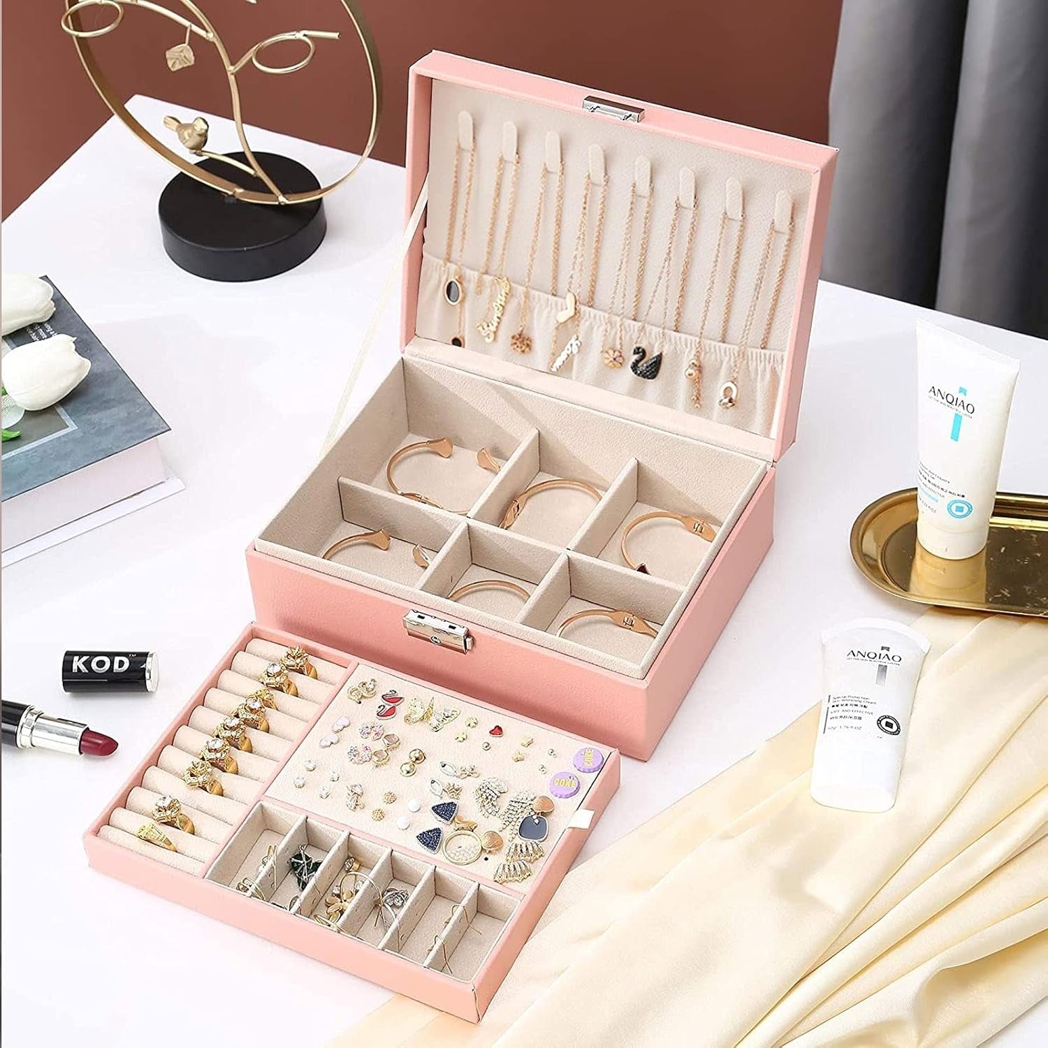 Boîte Bijoux Cuir Rose Velours Compacte
