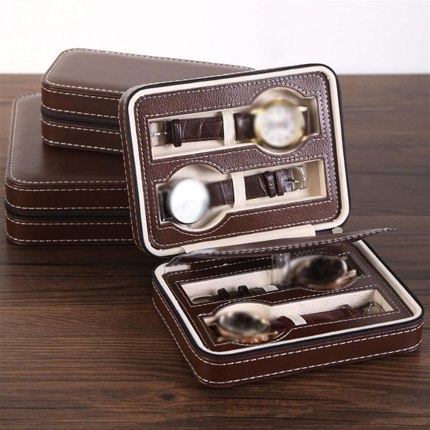 Étui Montre Cuir Vintage Marron 4 Places Voyage
