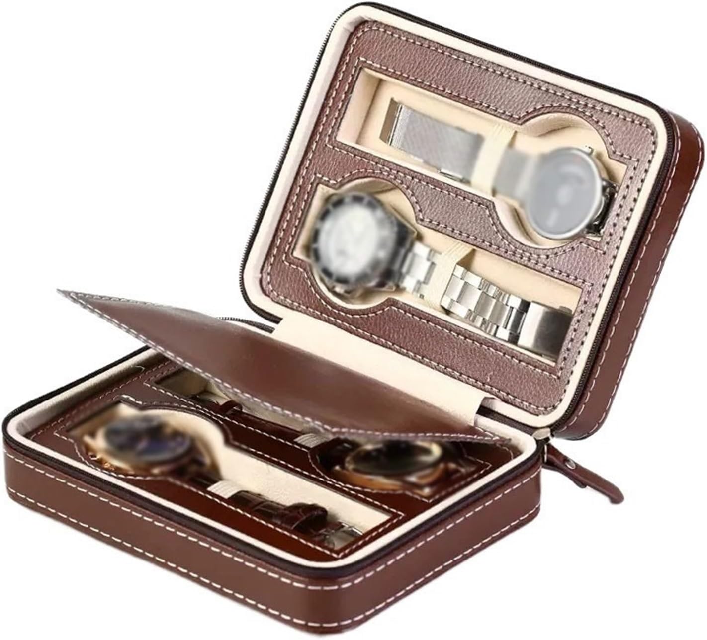 Étui Montre Cuir Vintage Marron 4 Places Voyage