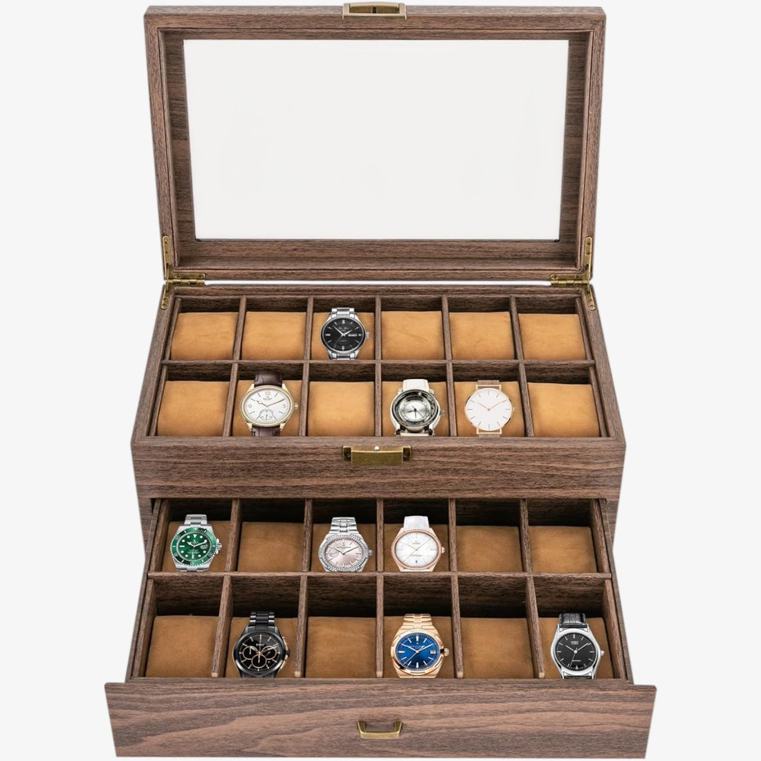 Boîte à Montres en Bois 24 Places Vitrée avec Tiroir