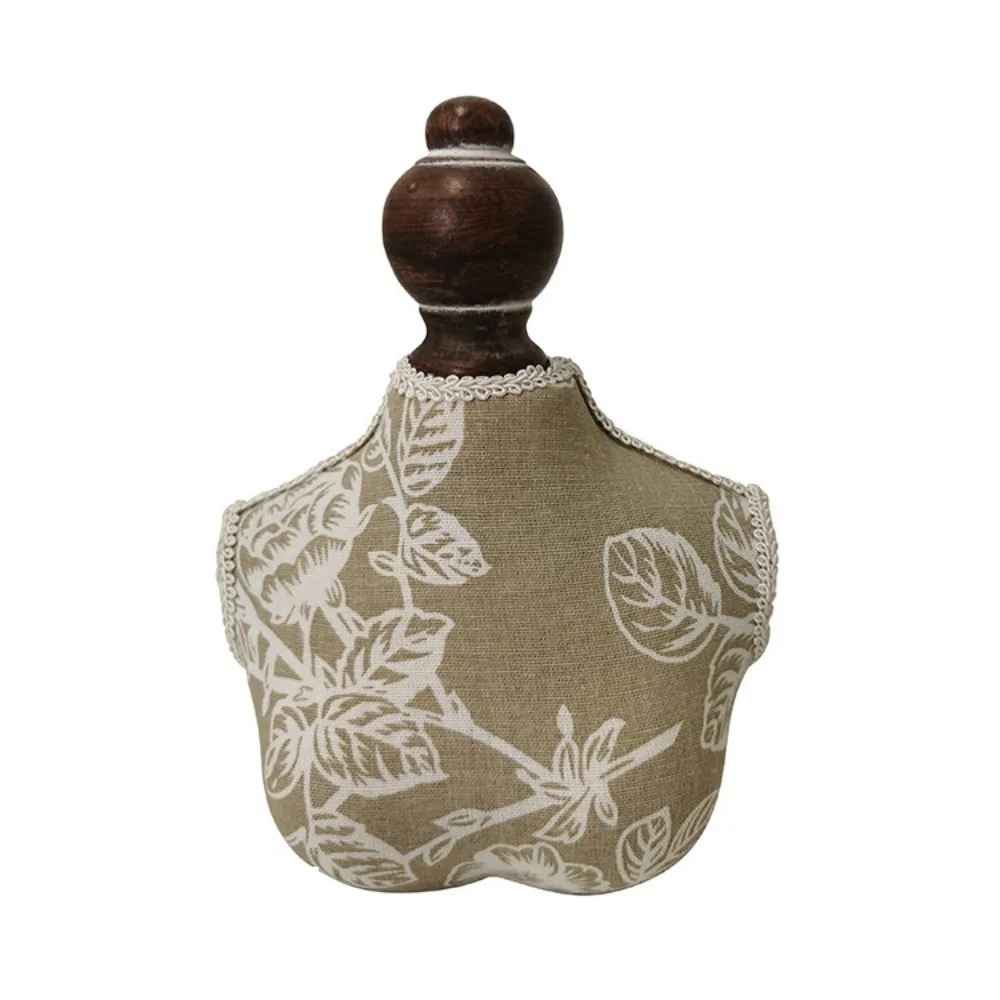 Présentoir collier ancien buste bois et lin 22cm