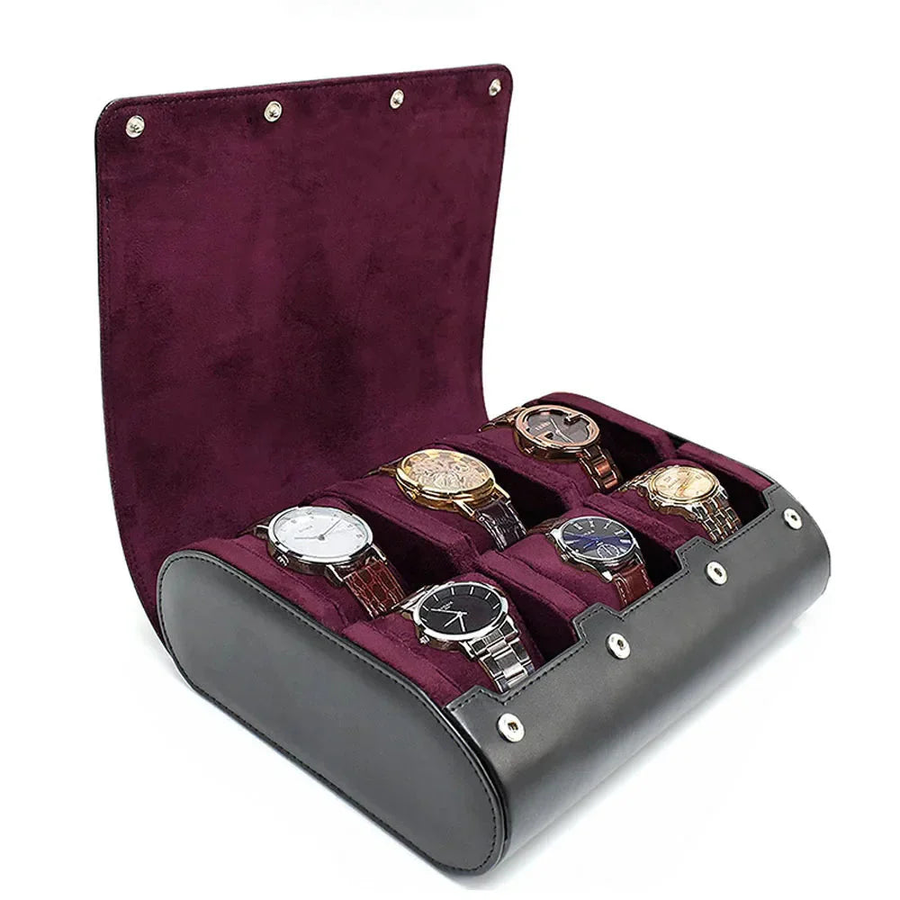 Étui Montre Cuir Voyage Noir Bordeaux 6 Places