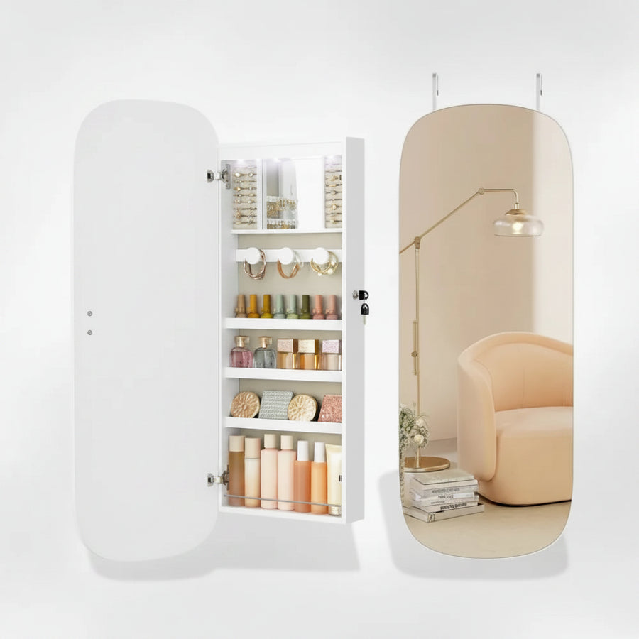 Armoire à Bijoux Murale Blanche avec Grand Miroir