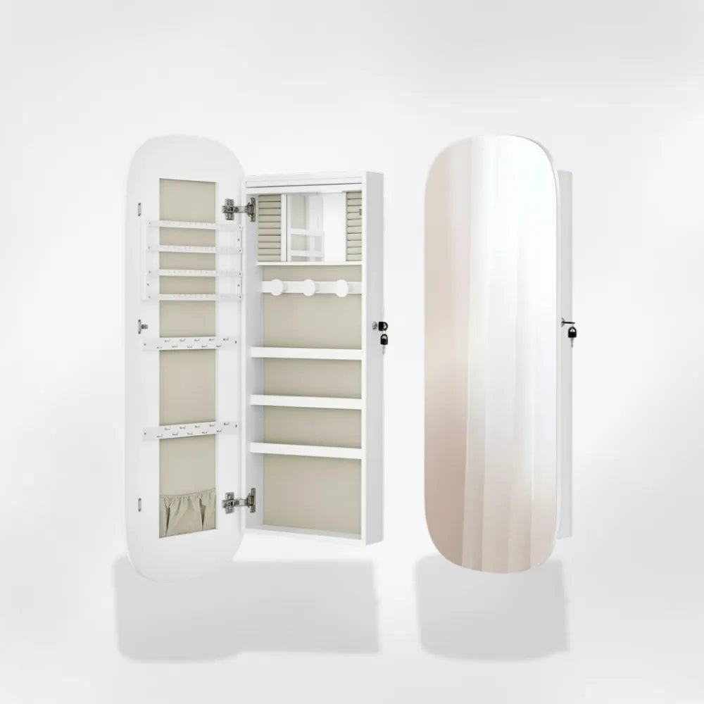 Boîte Bijoux Murale Bois LED Miroir Compartimentée