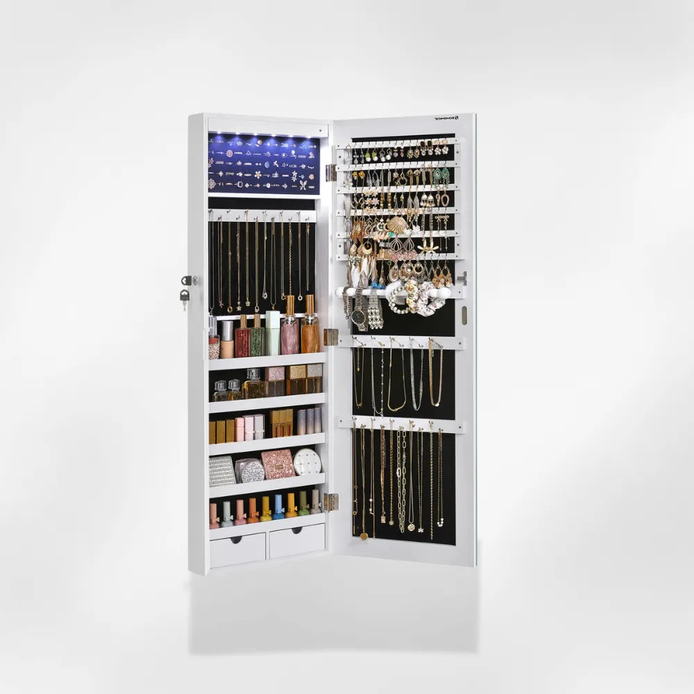 Boîte Bijoux Murale Bois LED Miroir Sécurisé