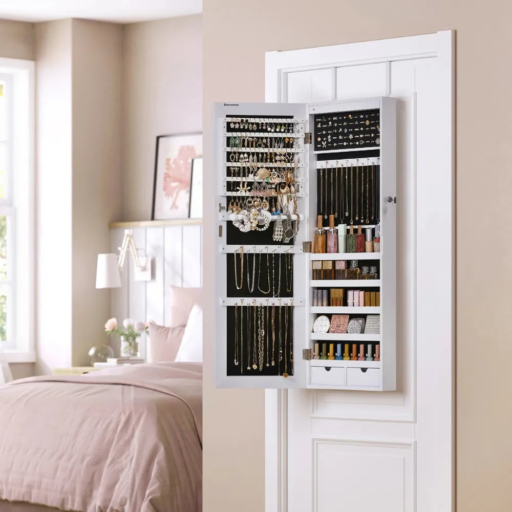 Boîte Bijoux Murale Bois LED Miroir Sécurisé