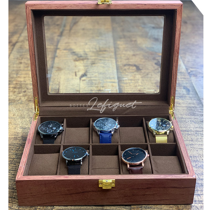 Coffret Montre Bois Luxueux 10 Slots Vitré Bois de Rose