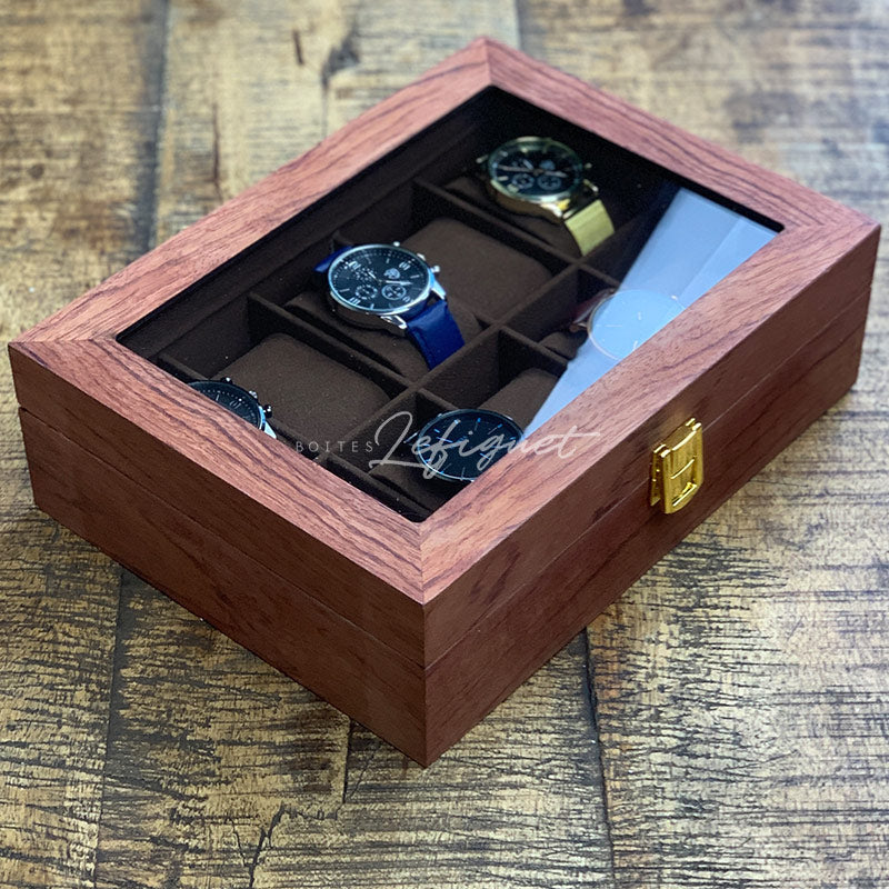 Coffret Montre Bois Luxueux 10 Slots Vitré Bois de Rose