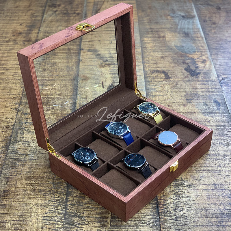 Coffret Montre Bois Luxueux 10 Slots Vitré Bois de Rose