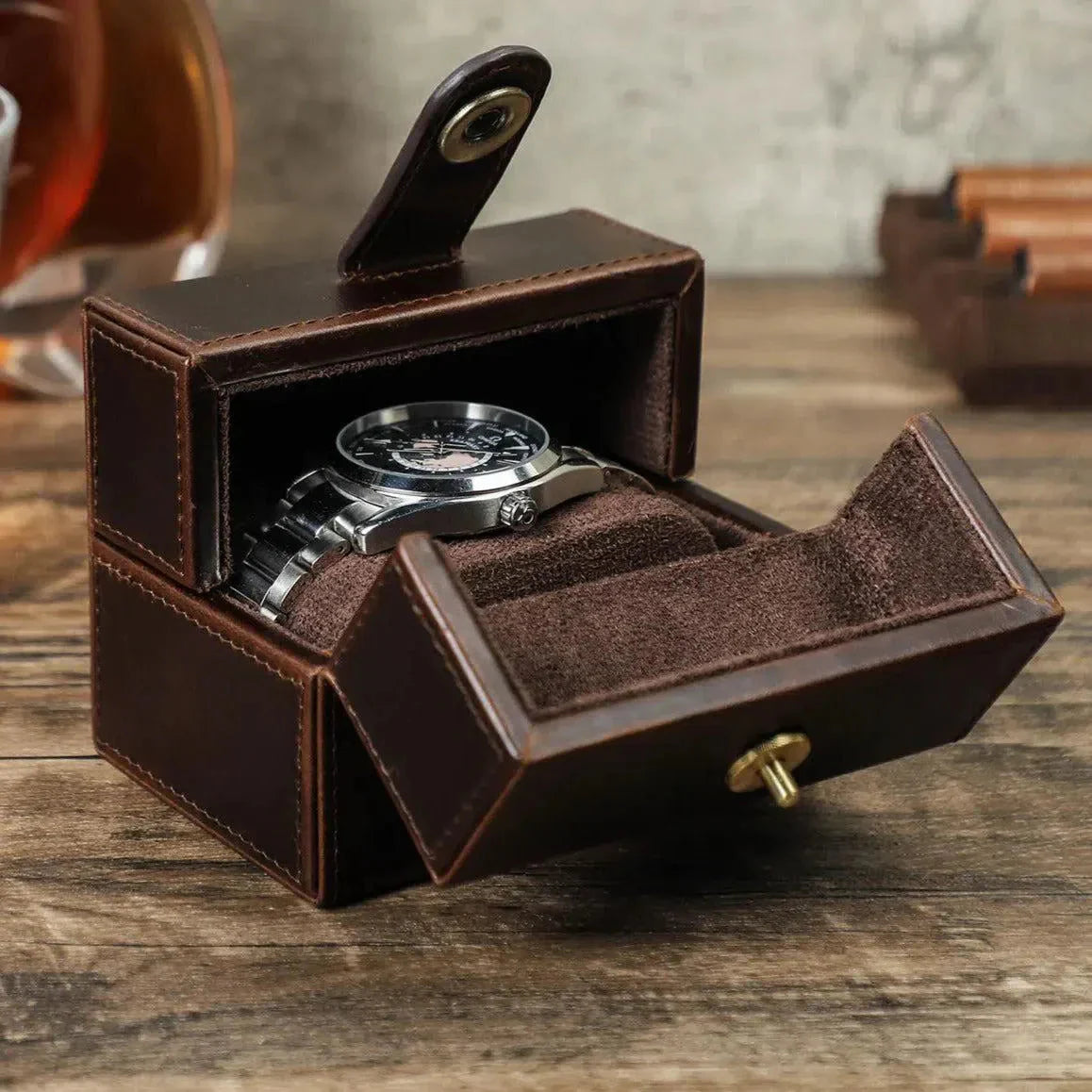 Boîte Montre Cuir Marron Compacte