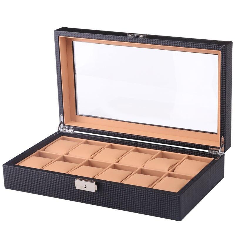 Coffret Montre Fibre Carbone Noir 12 Slots Vitré Serrure