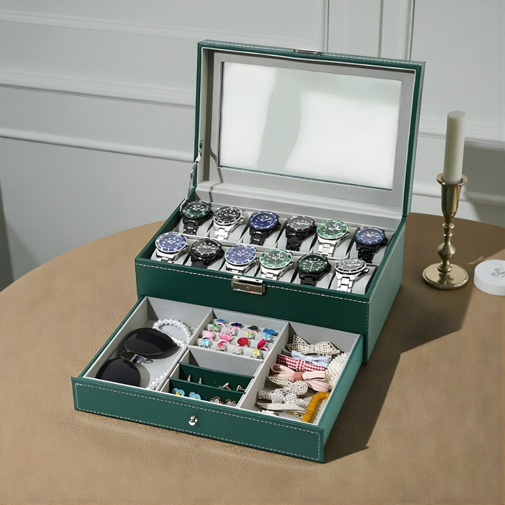 Boîte à Montres Cuir 12 Slots Tiroir Bijoux