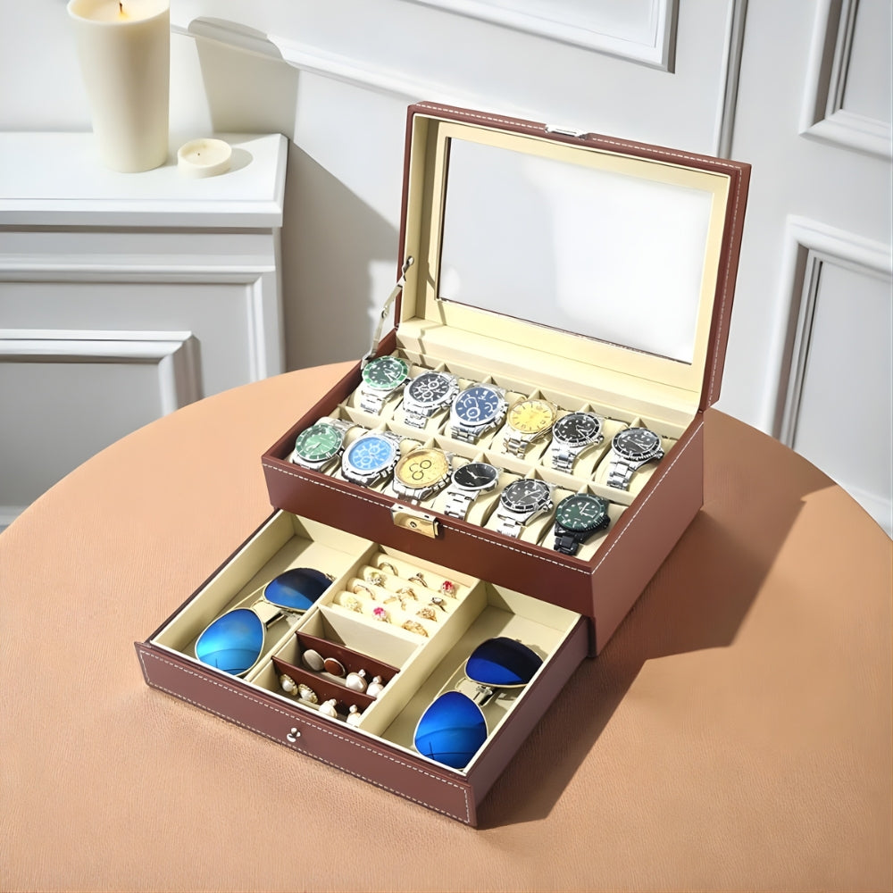 Boîte à Montres Cuir 12 Slots Tiroir Bijoux