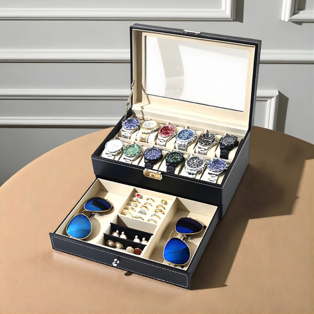 Boîte à Montres Cuir 12 Slots Tiroir Bijoux