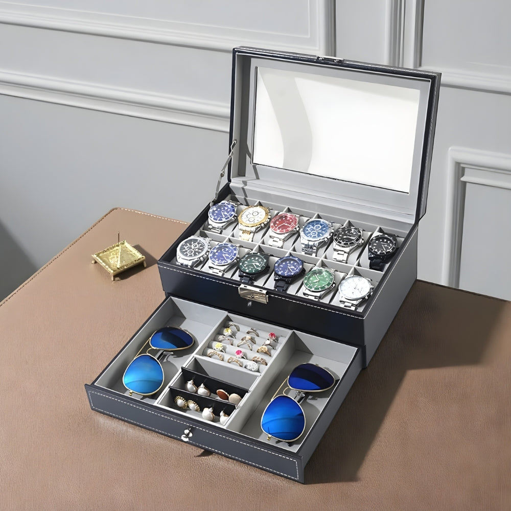 Boîte à Montres Cuir 12 Slots Tiroir Bijoux