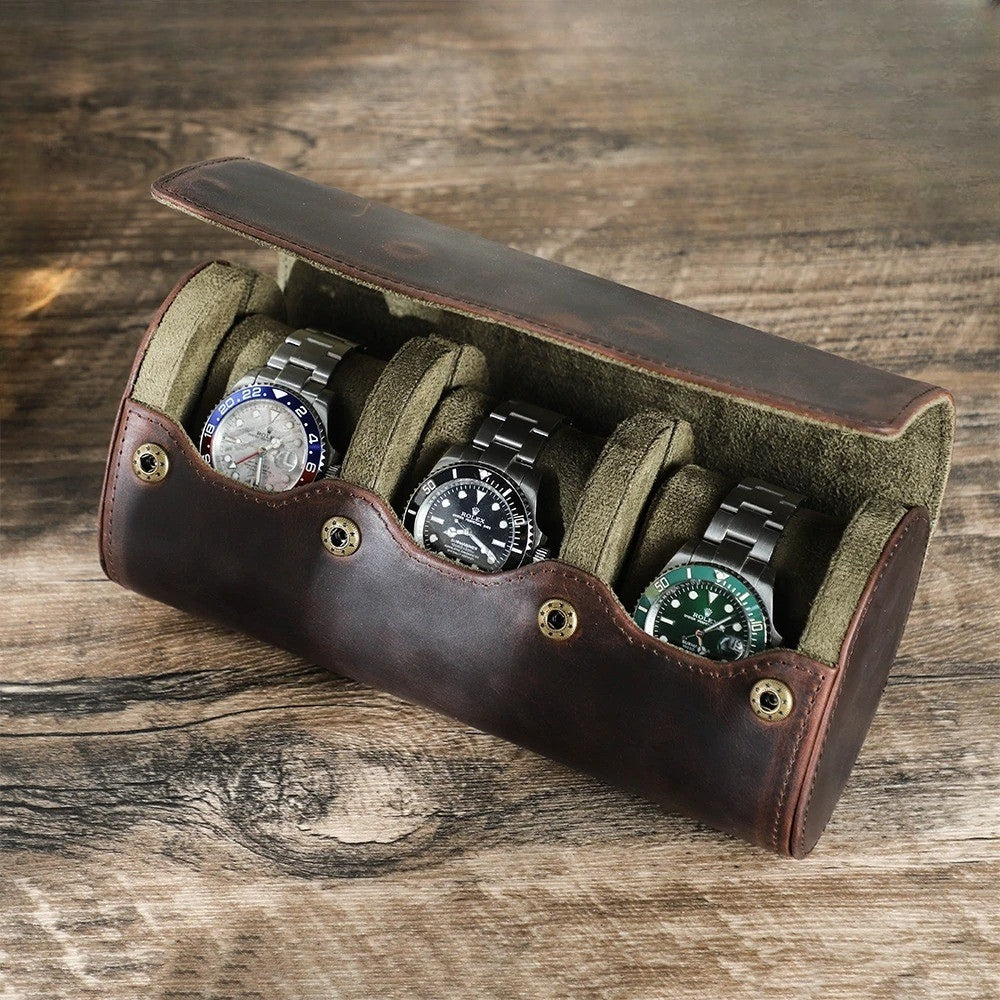 Étui Montre Rétro Cuir Marron 8 Slots