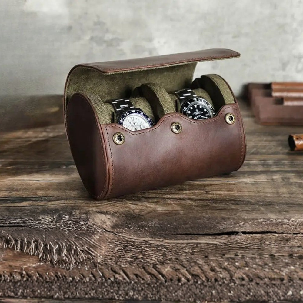 Étui Montre Rétro Cuir Marron 8 Slots
