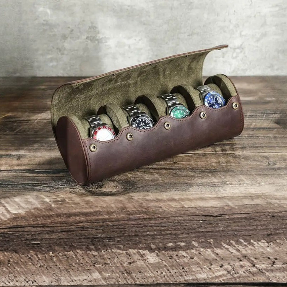 Étui Montre Rétro Cuir Marron 8 Slots