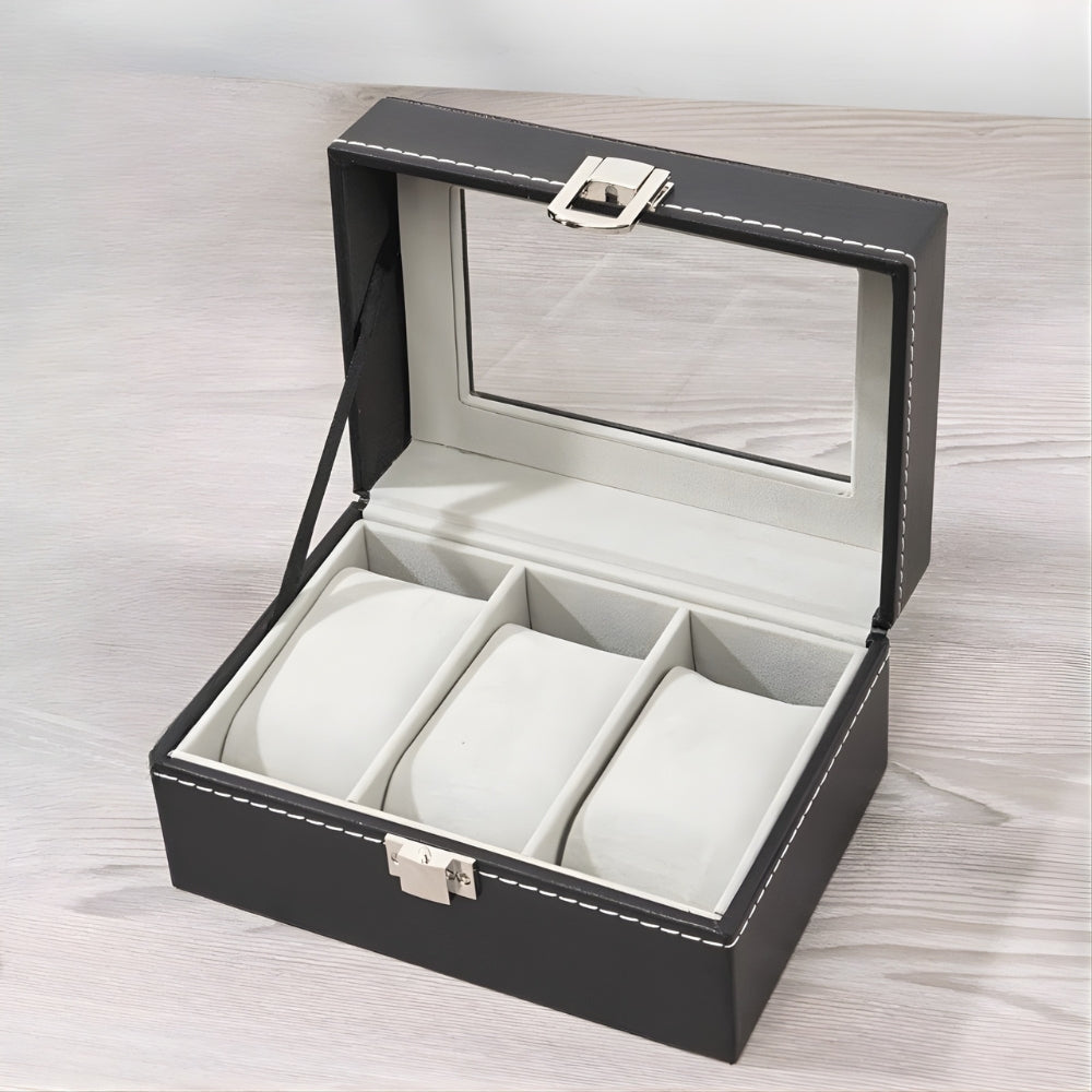 Étui Montre Cuir Noir 3 Slots Coffret