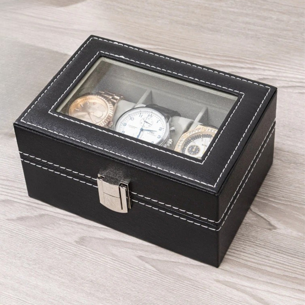 Étui Montre Cuir Noir 3 Slots Coffret