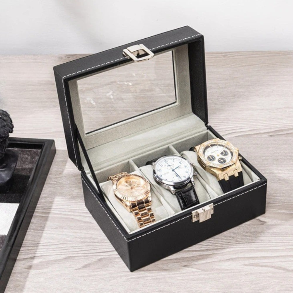 Étui Montre Cuir Noir 3 Slots Coffret