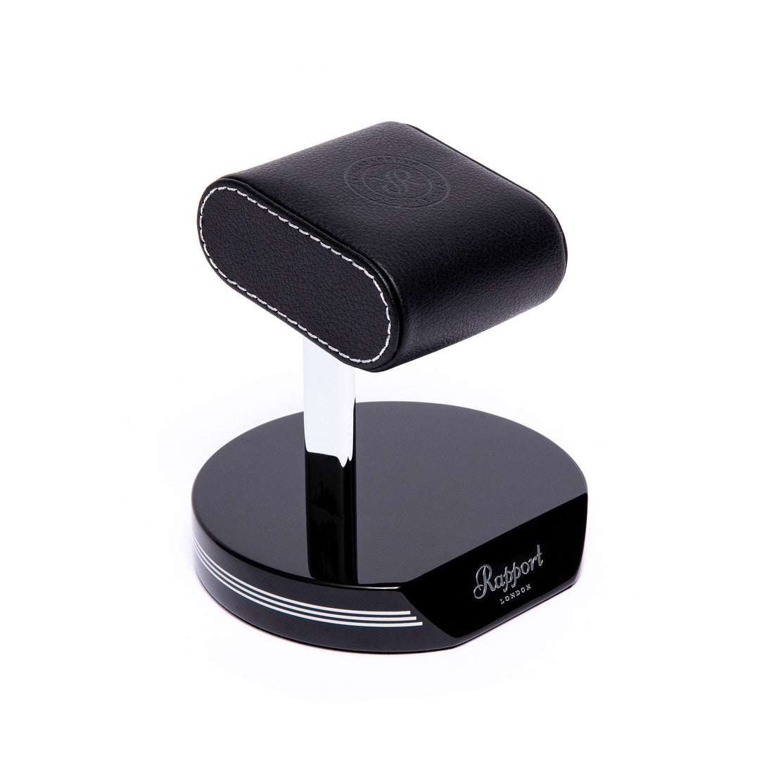 Présentoir montre à coussin noir grainé, vue de dos sur socle brillant