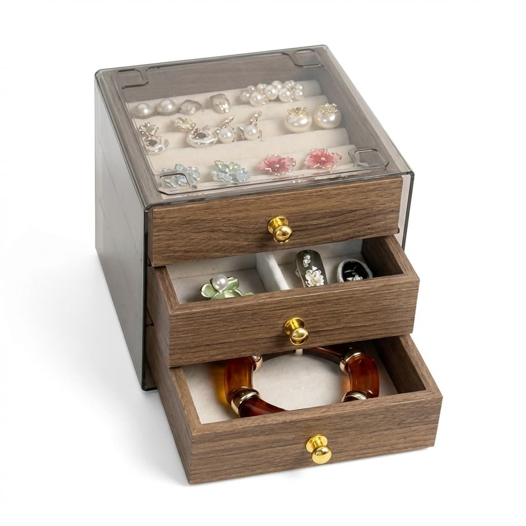 Boîte à Bijoux Bois Noyer Nordique Tiroirs