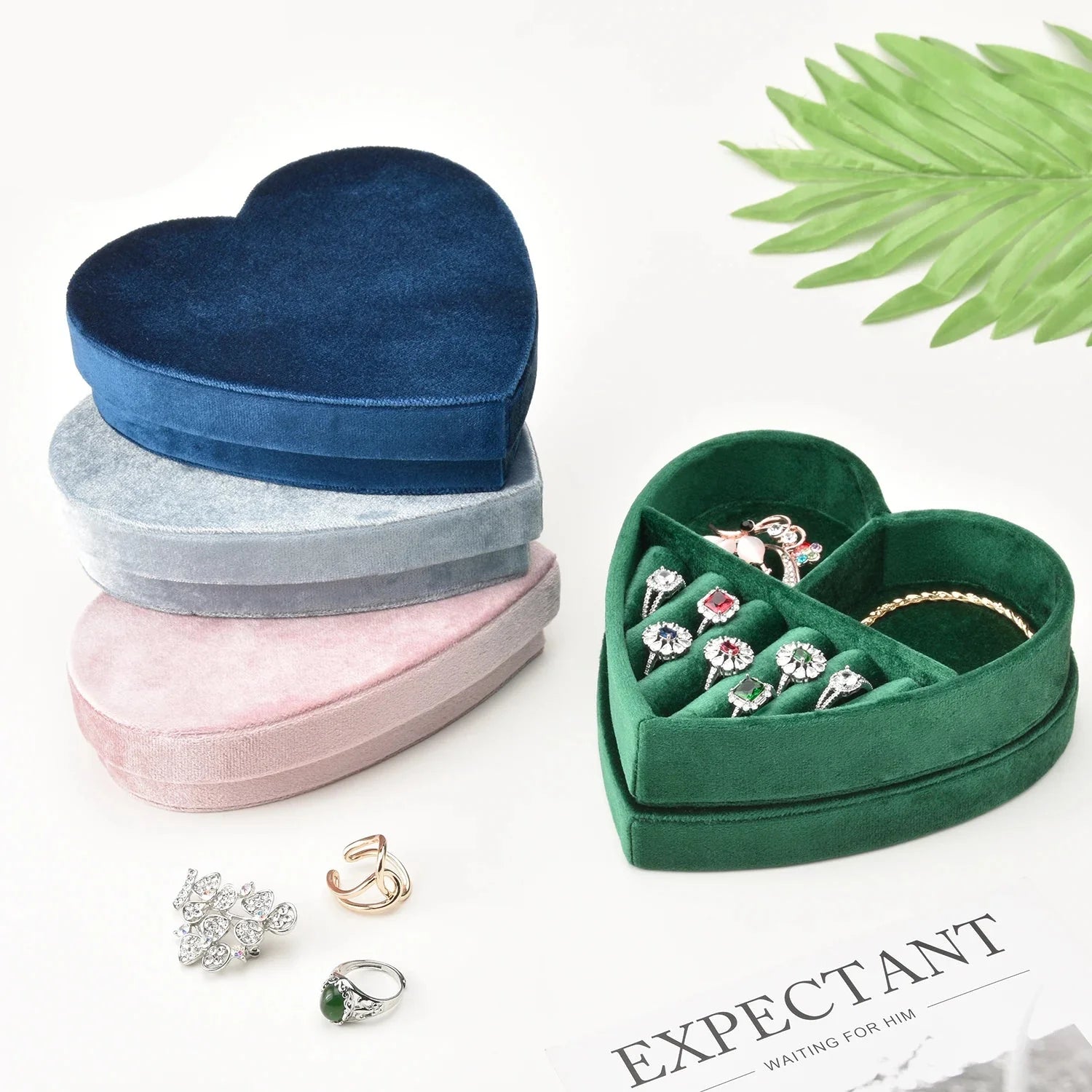Boîte à Bijoux Coeur Velours Bague Collier