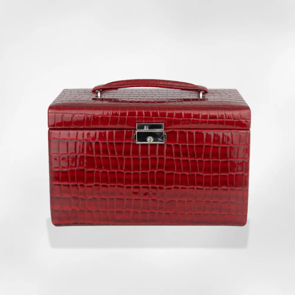 Boîte Bijoux Cuir Craquelée Finition Crocodile Rouge