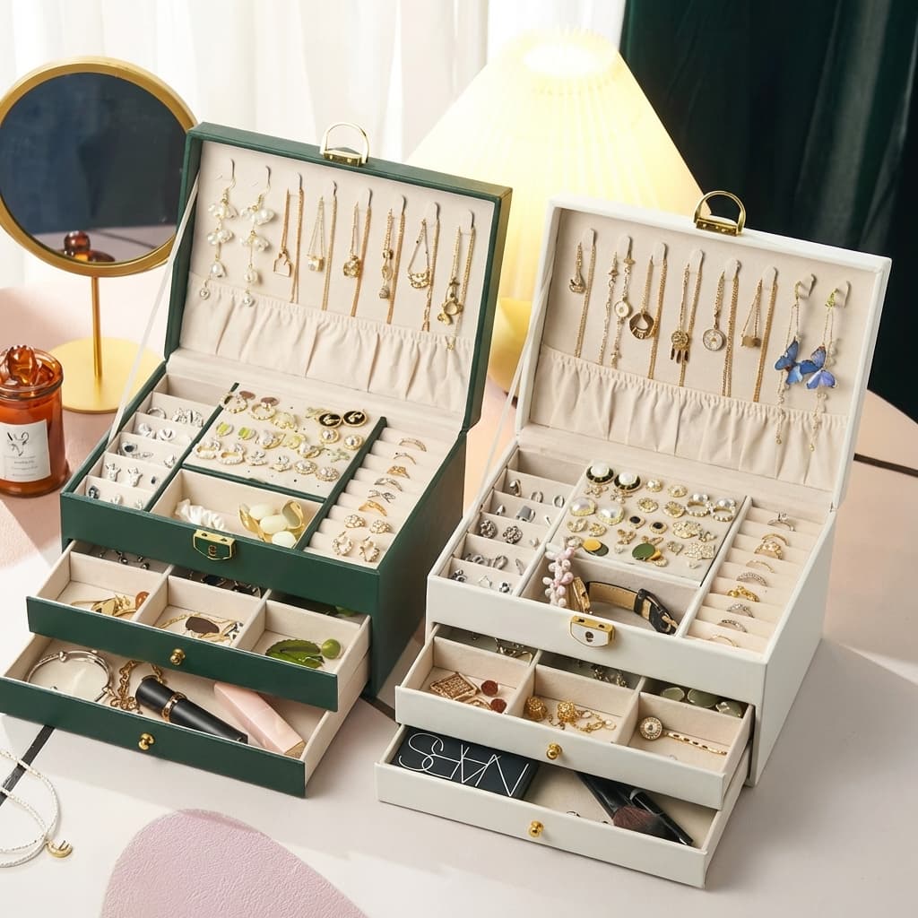 Boîte à Bijoux Simili Cuir Velours Serrure 3 Tiroirs