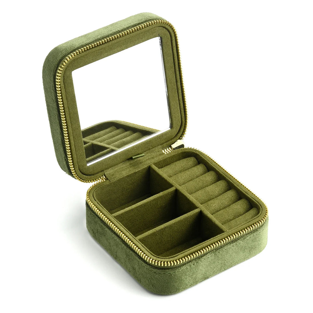 Boîte à bijoux de voyage velours – ouverte avec miroir, version vert olive