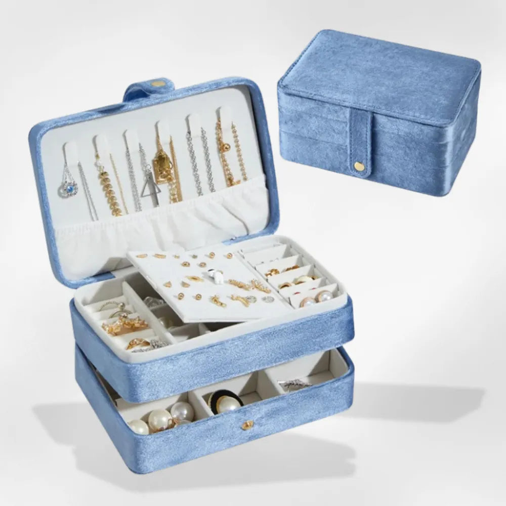 Boîte à Bijoux Velours Bleu 3 Niveaux