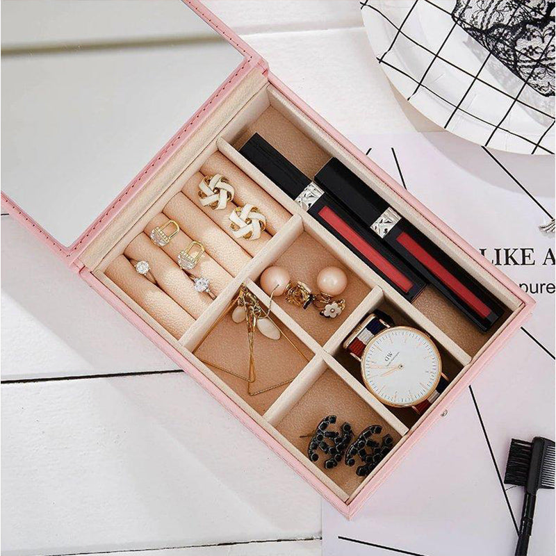 Boite Bijoux Cuir Rose Miroir Compact