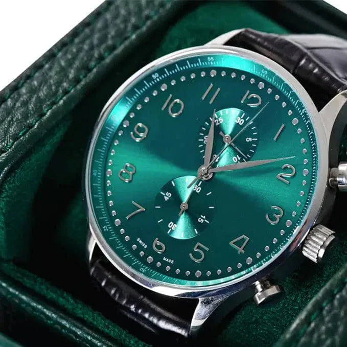 Boîte Montre Cuir Émeraude Velours Cube