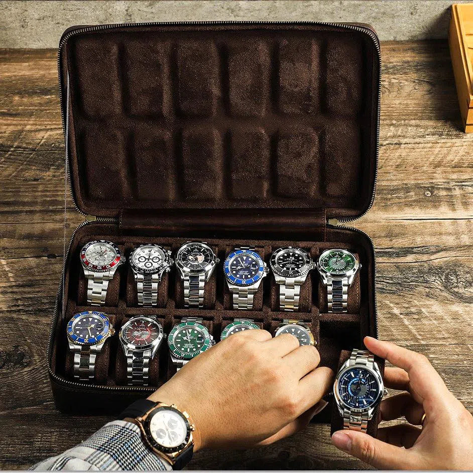 Mallette Montre Cuir Marron 12 Places Voyage