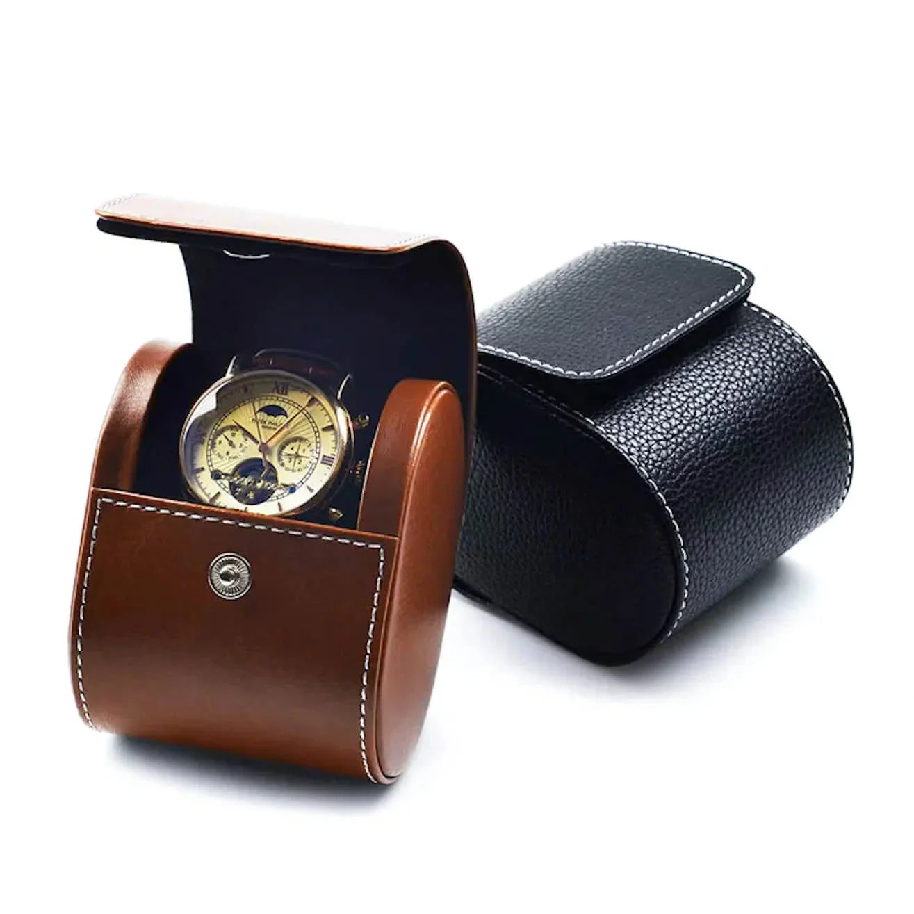 Étui Montre Cuir Noir Charbon Voyage Velours