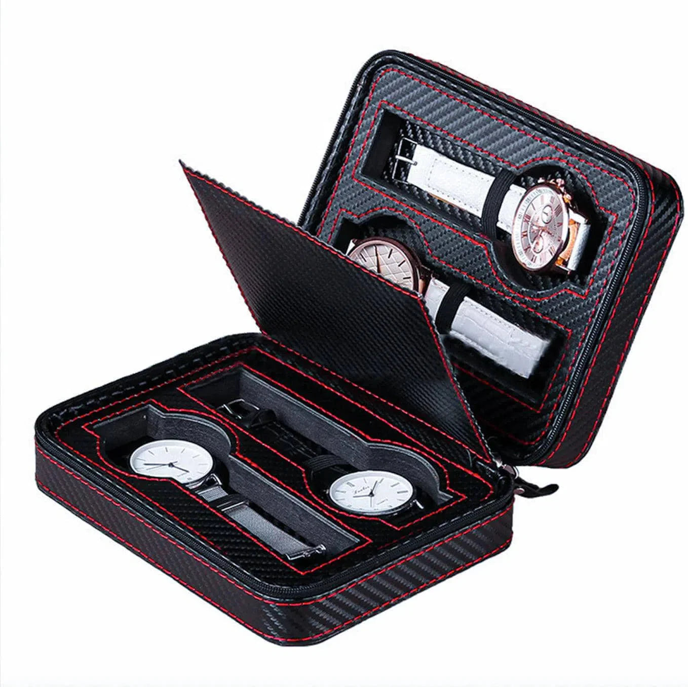 Étui Montre Cuir Sport 4 Emplacements Noir Rouge