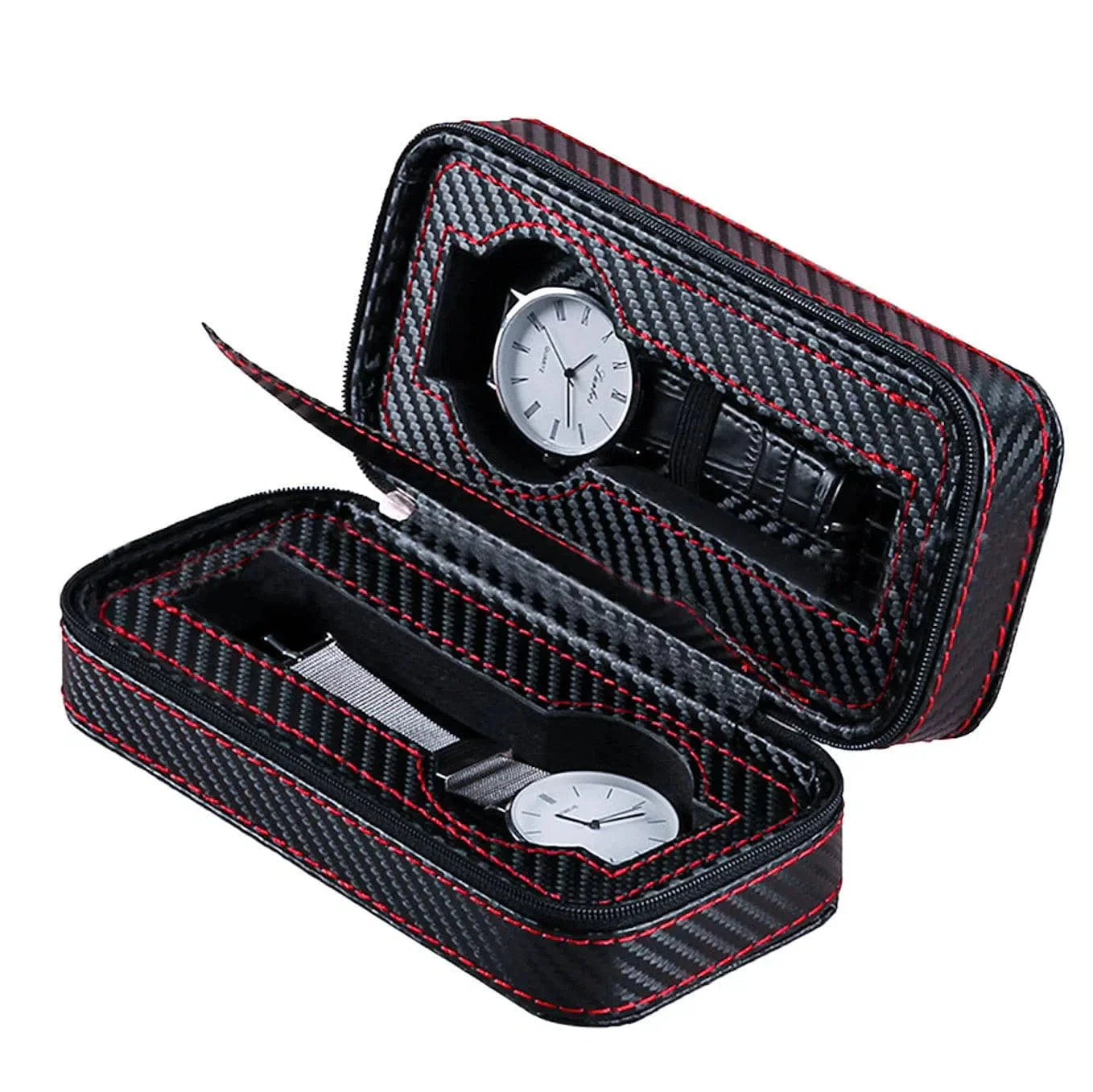 Étui Montre Cuir Sport 2 Places Noir Rouge