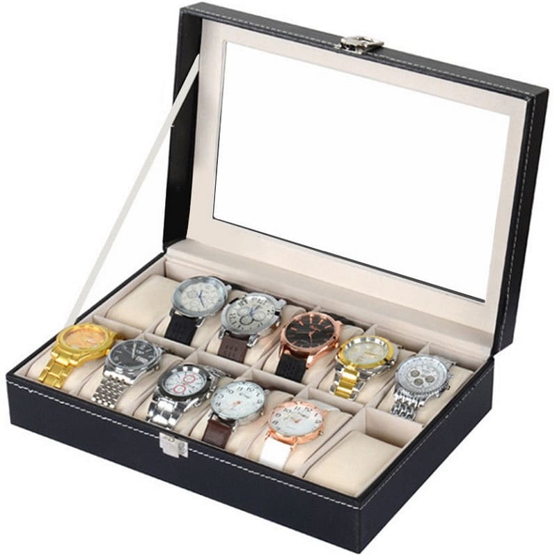 Boîte Montre Cuir Noir 12 Places Vitrée
