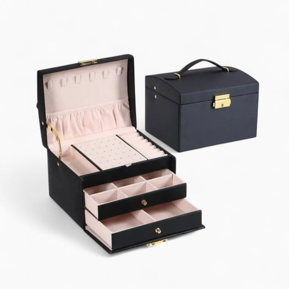 Boîte Bijoux Cuir 2 Tiroirs Coffret Velours