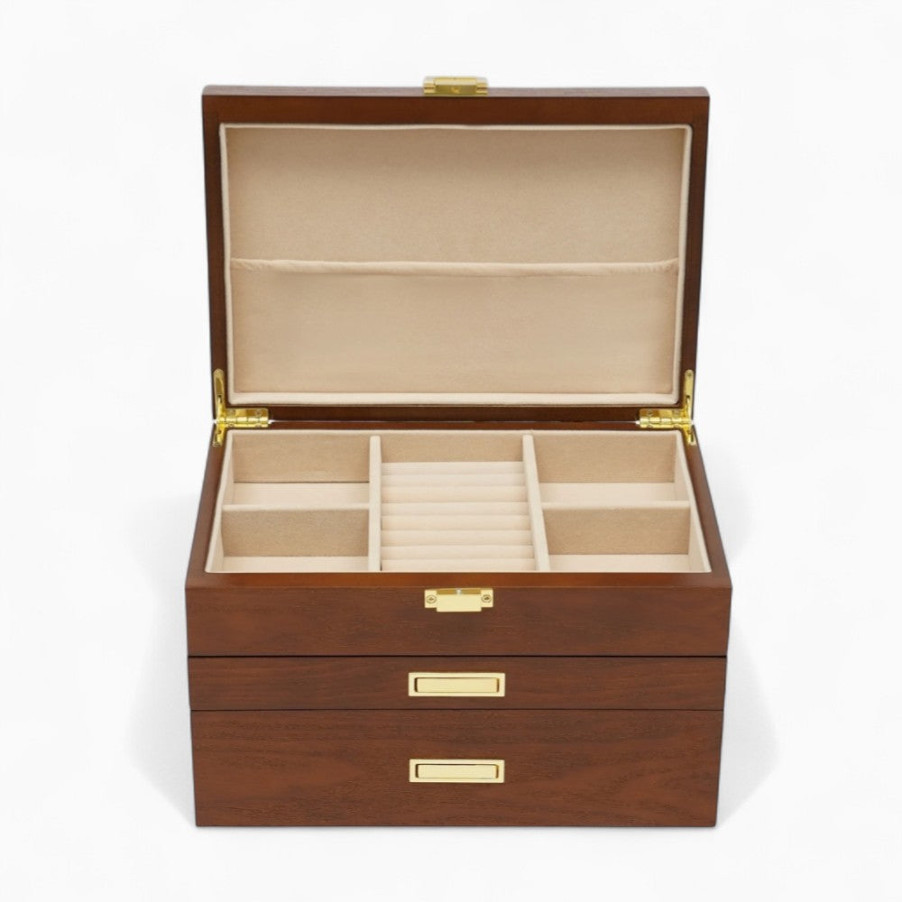 Boîte Bijoux Bois Tiroirs Velours Marron