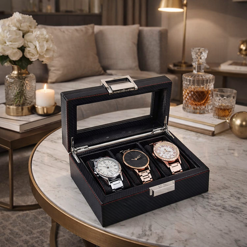 Boîte Montres Cuir Fibre Carbone Moderne Multi-Slots