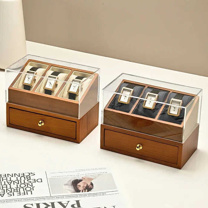 Coffret Bois Vitrine Montres 2 Niveaux Tiroir